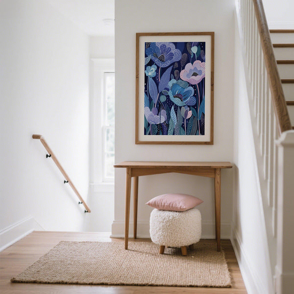 Indigo and lavender Purple Home Decor with creative floral shapes.