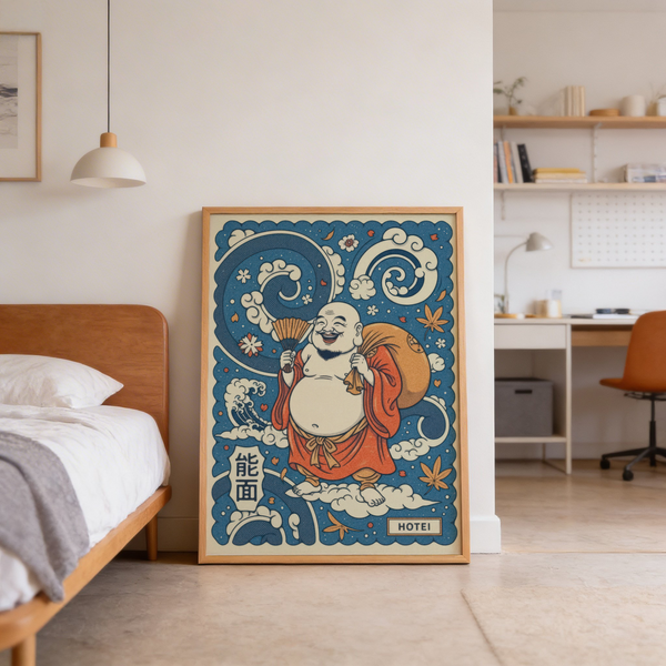 Mythology themed wall print showing stylized clouds and waves