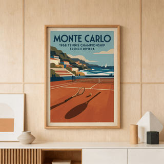 Foreground tennis racket and ball on clay court wall art poster