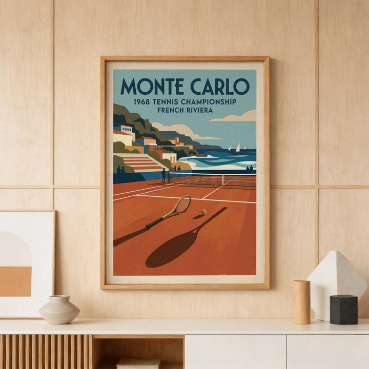 Framed Tennis Championship art print with retro tennis court and ocean view above a white cabinet with vases