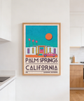 Mid-century inspired Palm Springs wall art print featuring a central doorway, geometric windows, and palms