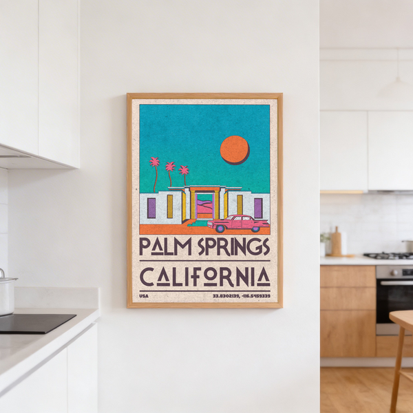 Mid-century inspired Palm Springs wall art print featuring a central doorway, geometric windows, and palms