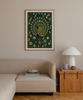 Peacock Art Print capturing radiating tail fans in Green, Blue, Gold