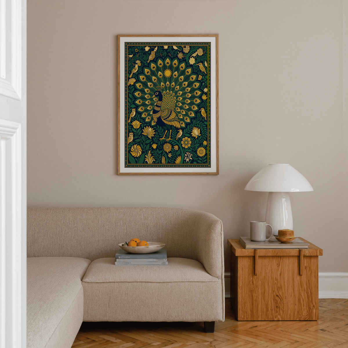 Peacock Art Print capturing radiating tail fans in Green, Blue, Gold