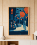 Close-up of lanterns in Japanese Market Wall Art print with layered graphic textures