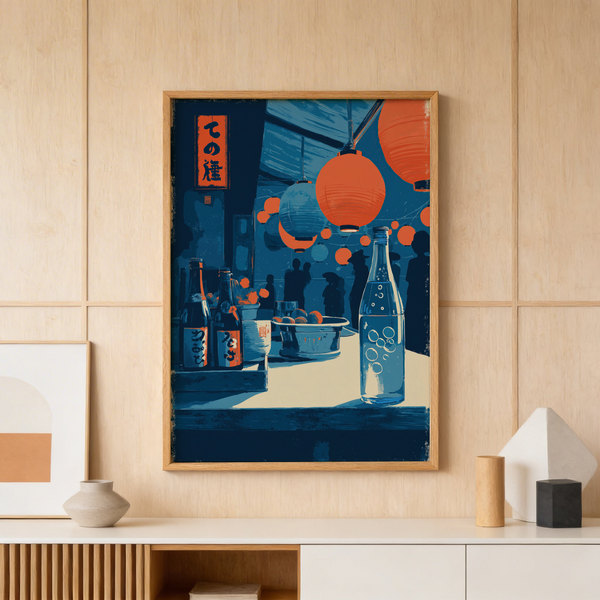Close-up of lanterns in Japanese Market Wall Art print with layered graphic textures