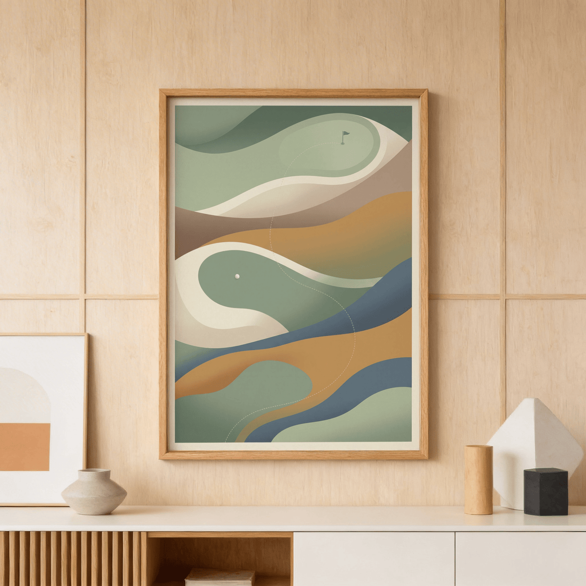 Minimalist golf course abstract print poster with curved bands and small flag