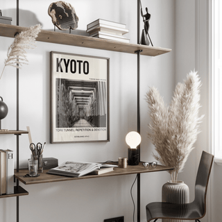 Minimalist Kyoto travel poster showing repeating torii gates and text blocks wall art print