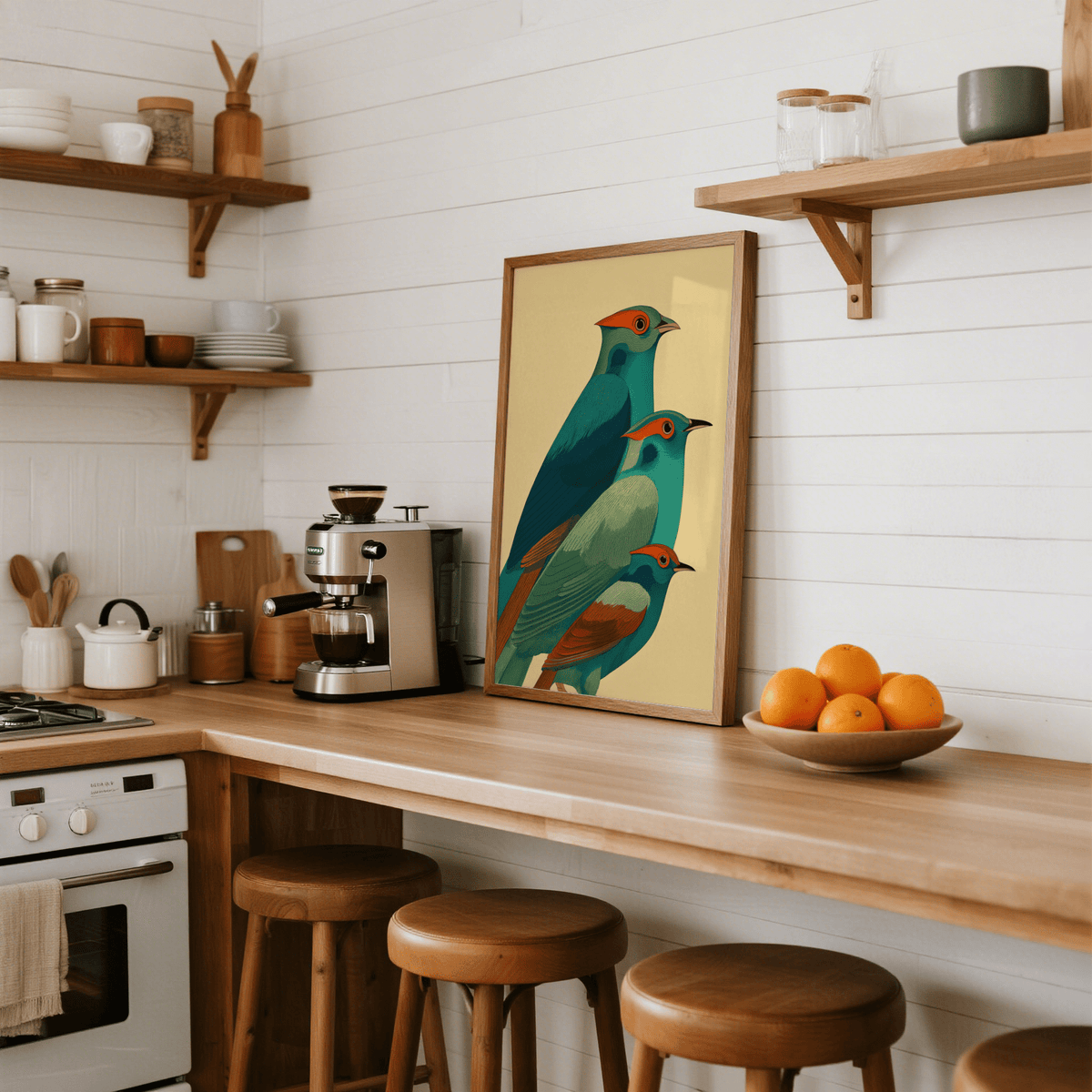 Presenting bird illustration poster with three profiles, layered wings, and subtle texture lines