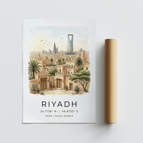 Architectural cityscape poster print of Riyadh with traditional facades and modern skyscrapers