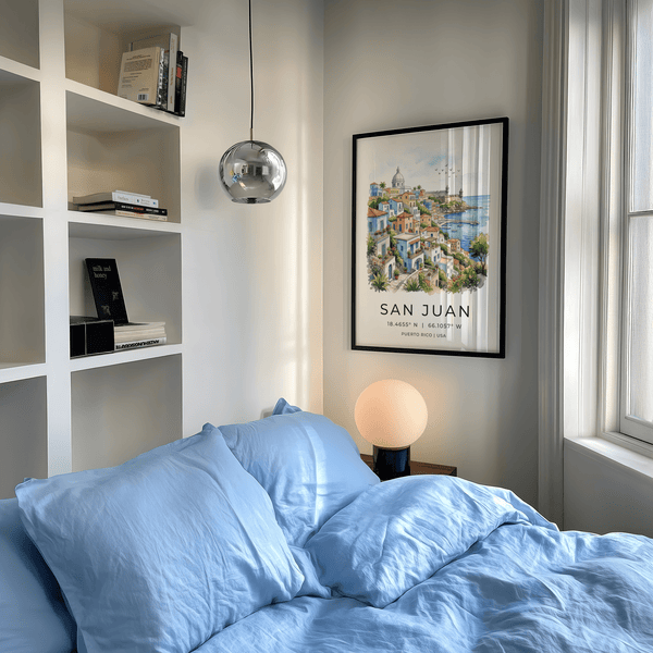 Cityscape illustration poster featuring terrace homes and curved seaside bay