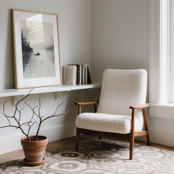 Tranquil Japanese Ink Painting of a boat drifting through a misty landscape.
