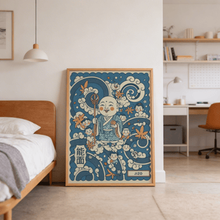Graphic Japanese Jizo Wall Art poster with robed figure, staff, and swirling clouds