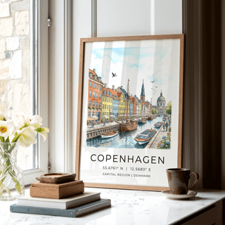 Detail view of Copenhagen Canal Wall Art showing domed building and tower across the water