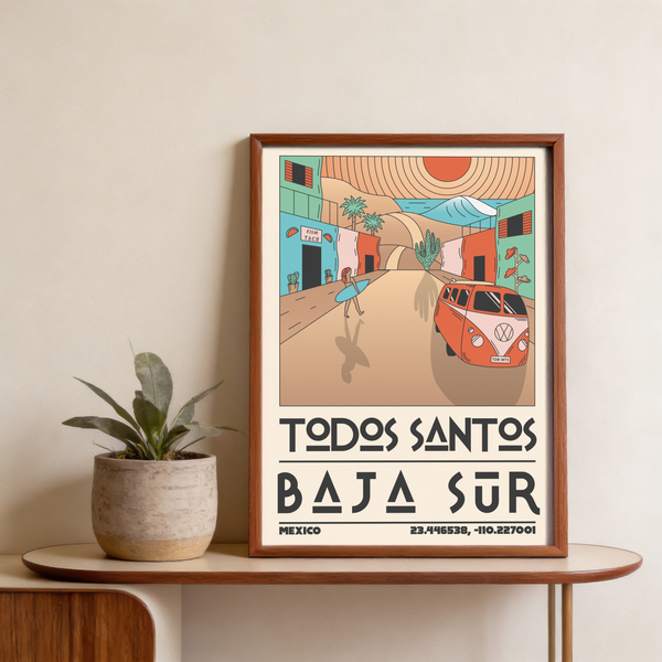 Close detail of VW-style van parked on sunlit Baja Sur roadway