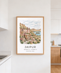Scenic travel wall art with lakeside pavilion, mountain backdrop, and Jaipur title text