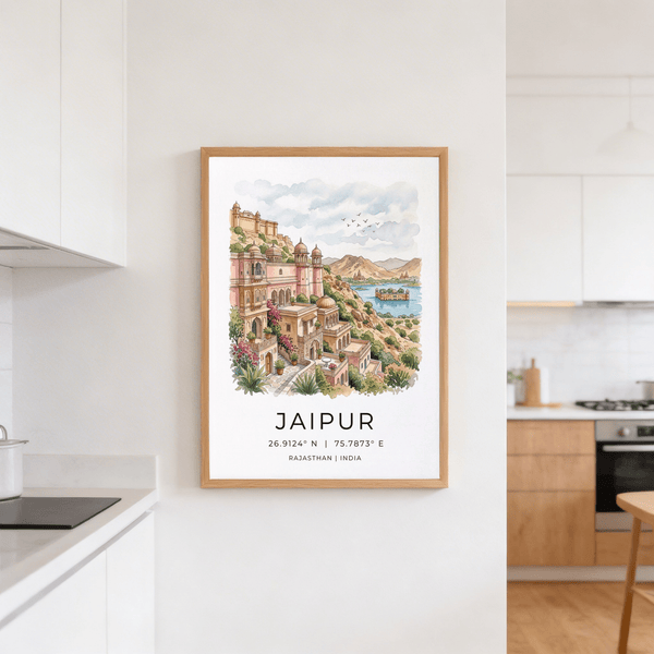 Scenic travel wall art with lakeside pavilion, mountain backdrop, and Jaipur title text