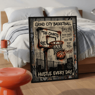 Concrete-style poster showing graffiti ball hovering above the rim