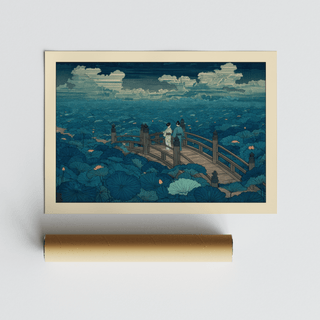 Lotus pond poster with overlapping leaves and patterned water texture