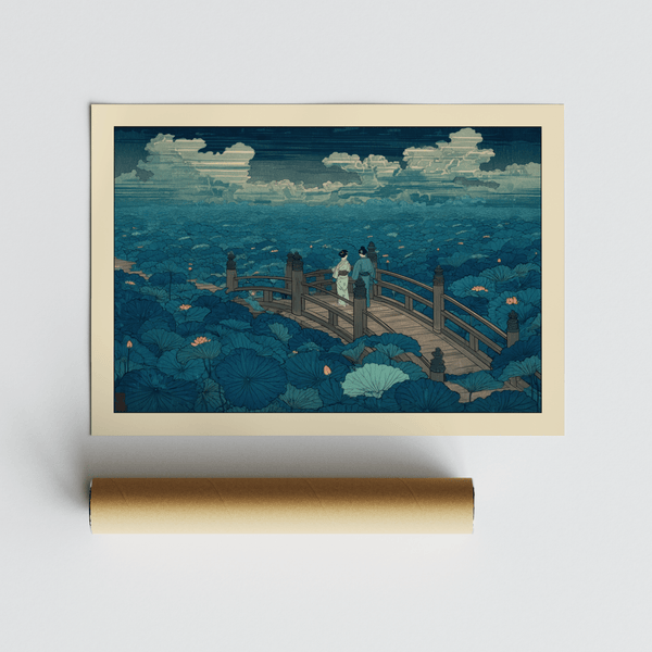 Lotus pond poster with overlapping leaves and patterned water texture