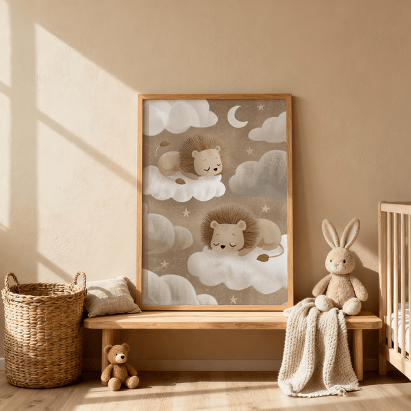 Lions Nursery Art poster in brown and white for gender-neutral nursery decor