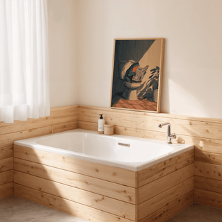 Graphic bathroom wall poster of amphibian reading newspaper in single scene