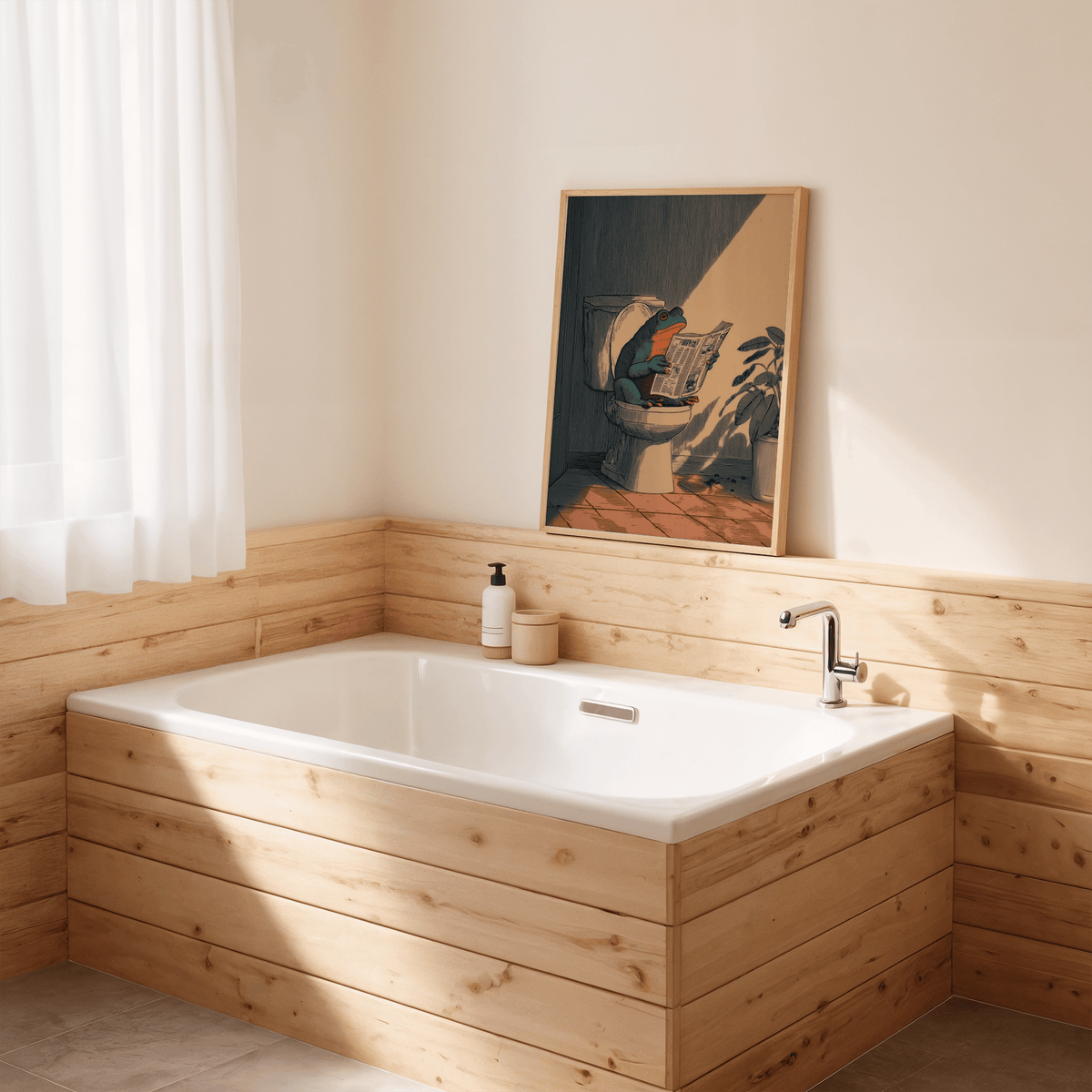 Graphic bathroom wall poster of amphibian reading newspaper in single scene
