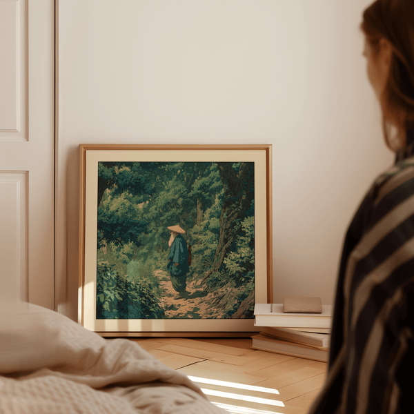 Texture close-up of woodblock-style poster with leaf clusters and shaded undergrowth