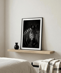 Moody wildlife wall art print showing zebra head and raised ears