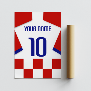 Personalised Croatia Football Shirt Poster displaying bold 10 numeral in blue