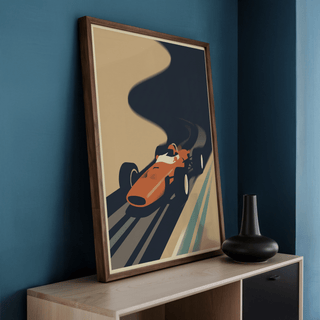 Minimalist racing car wall art print with cockpit detail and road lines
