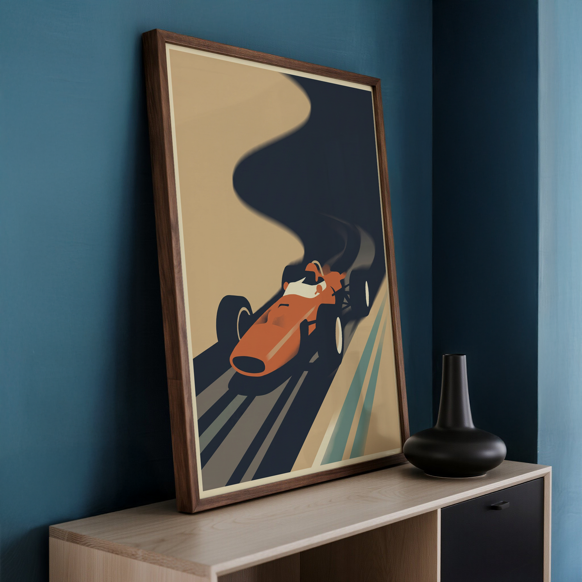Minimalist racing car wall art print with cockpit detail and road lines