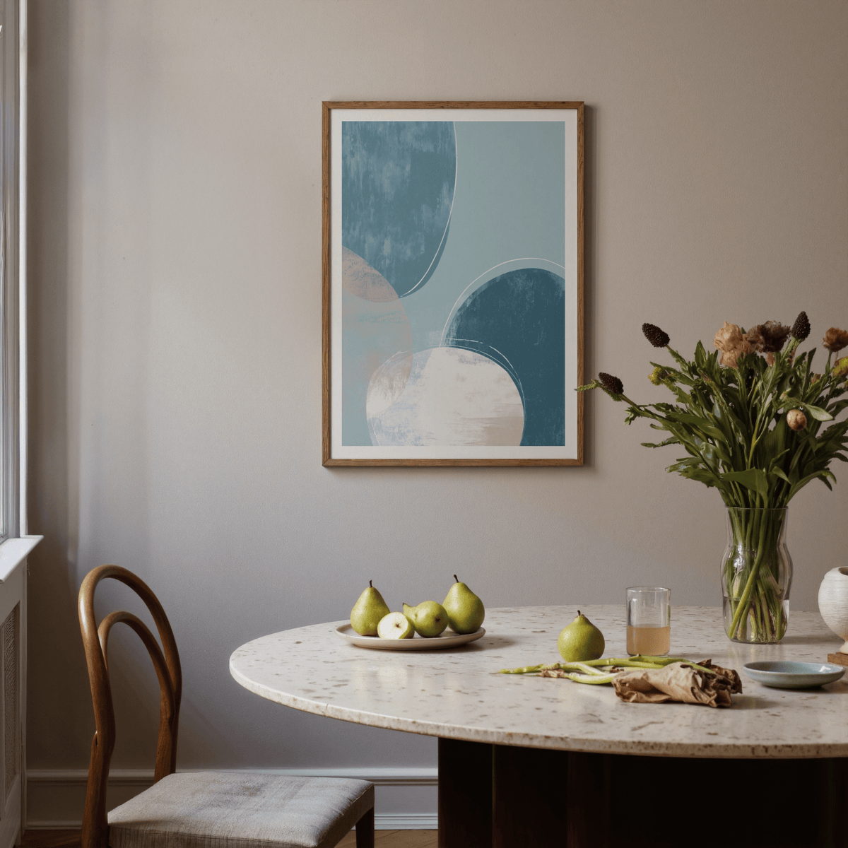 Soft-edged geometric poster print with circular segments and subtle grain