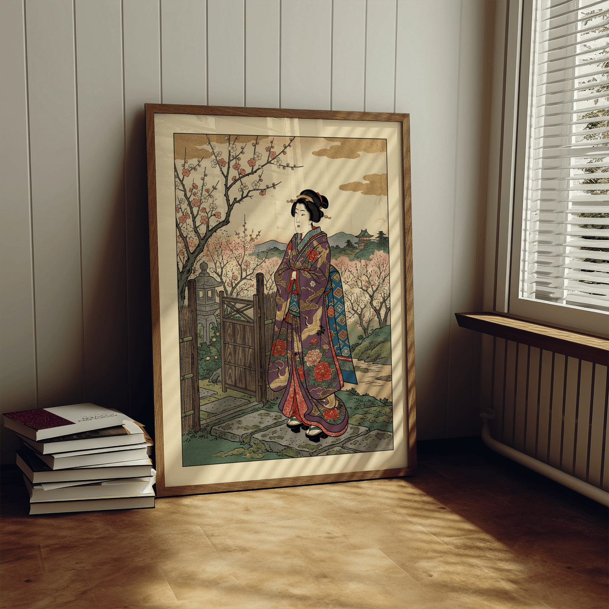 Traditional Japanese garden scene wall art print with stone path, gate, and blooming branches