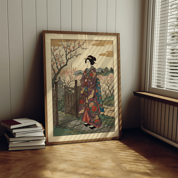 Traditional Japanese garden scene wall art print with stone path, gate, and blooming branches