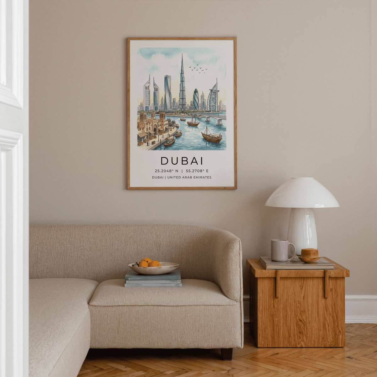City skyline wall art showing Burj Khalifa, modern towers, and a curved bridge