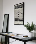 Golden Gate Bridge Art Print on beige background featuring bold San Francisco header