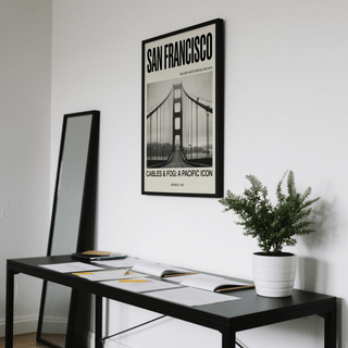 Golden Gate Bridge Art Print on beige background featuring bold San Francisco header