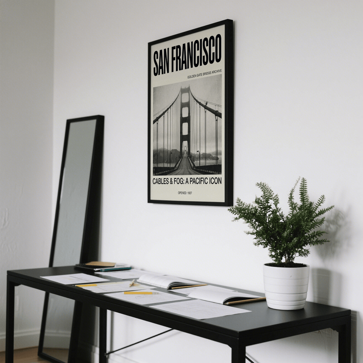 Golden Gate Bridge Art Print on beige background featuring bold San Francisco header