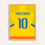 Custom Football Shirt – Bright Yellow with Blue Number — wooden-frame main image