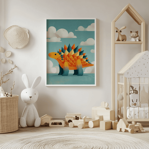 Cute Dinosaur Art Print for modern nursery in Orange and Blue