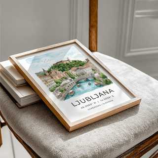City illustration print featuring Ljubljana bridge, dragon statues, and waterfront promenade