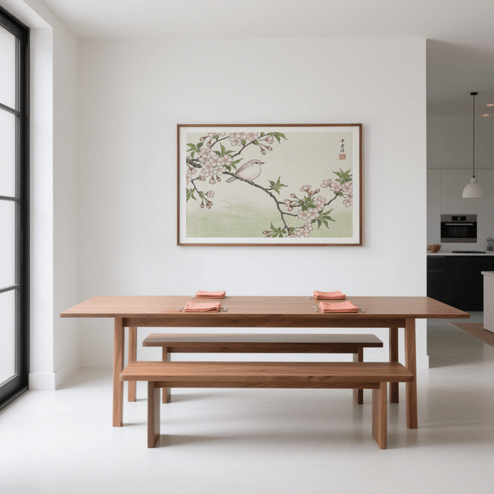 Bird Cherry Blossom Art Print on wall above dining table with wooden benches and peach napkins