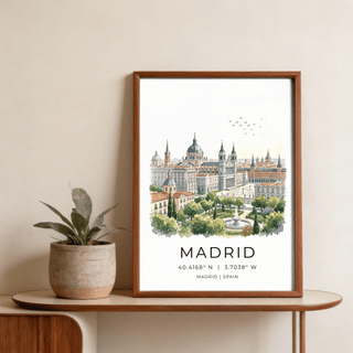 Architectural Madrid Cityscape Art Print featuring cathedral-like towers, rooftops, and a landscaped garden