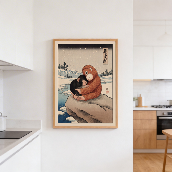 Japanese woodblock inspired animal art with vertical character panel