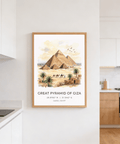 Wide desert landscape poster featuring three monumental pyramids