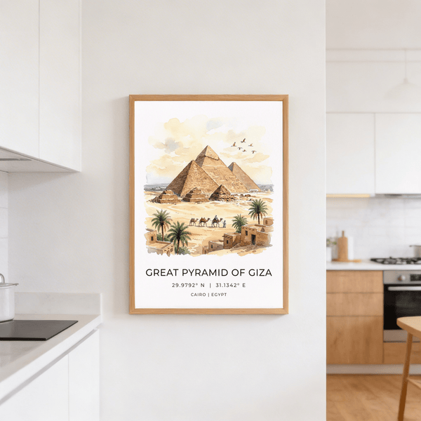 Wide desert landscape poster featuring three monumental pyramids