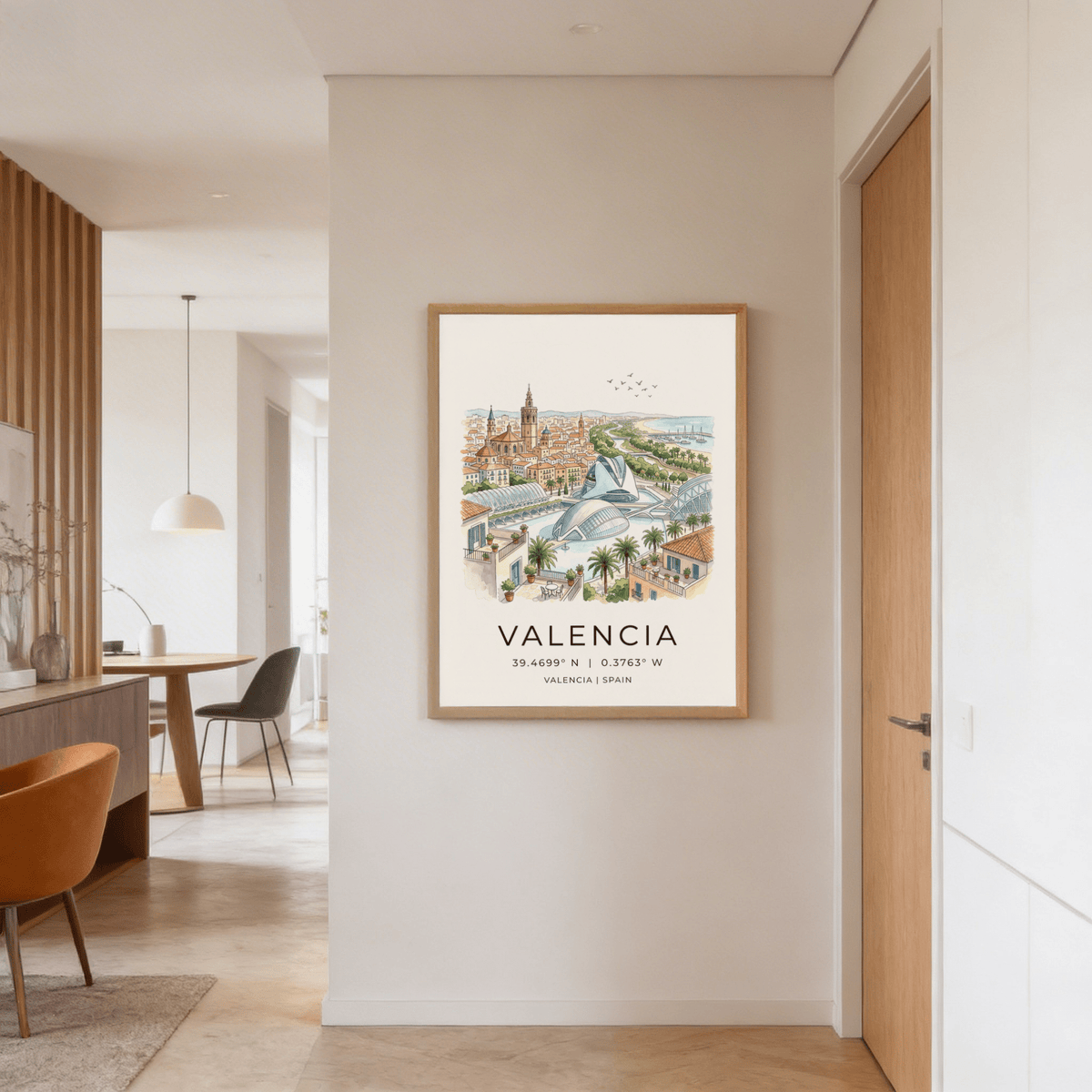 Waterfront marina wall art poster with sailboats, shoreline curve, and distant city blocks