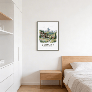 Travel illustration poster with Zermatt Switzerland Art Print and valley ridgelines