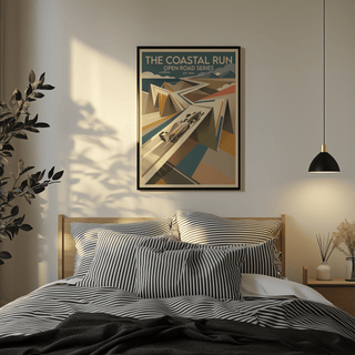 Lower section of geometric roadway and shadowed shapes on motorsport wall art print